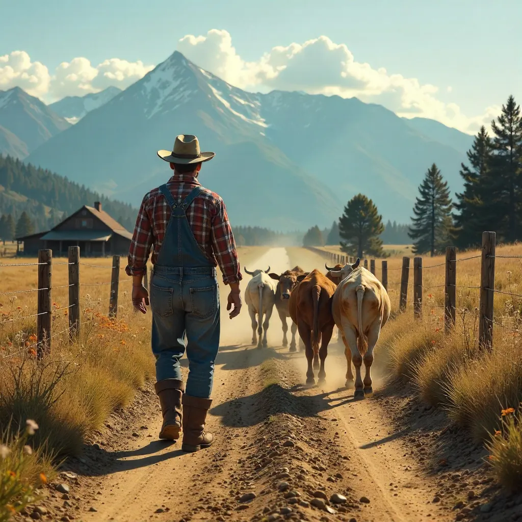 Farmer Guiding Cows Along a Mountainous Countryside Road