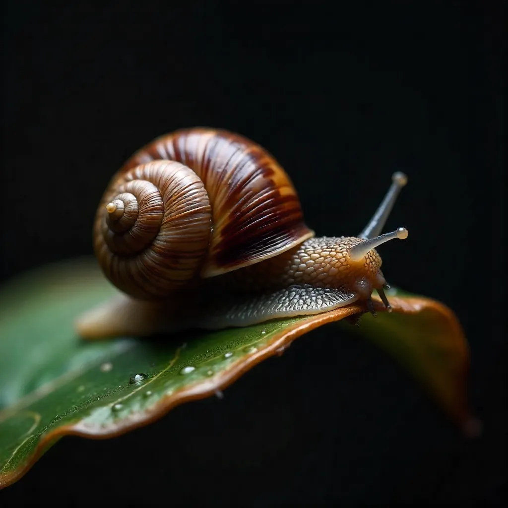 Macro Snail on a Curled Brown Leaf