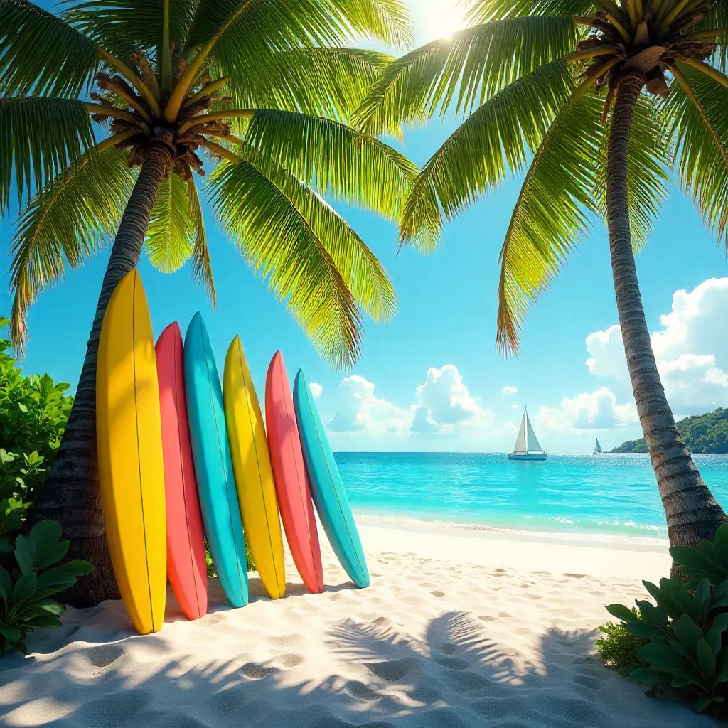Vibrant Surfboards Under Palms in Martinique