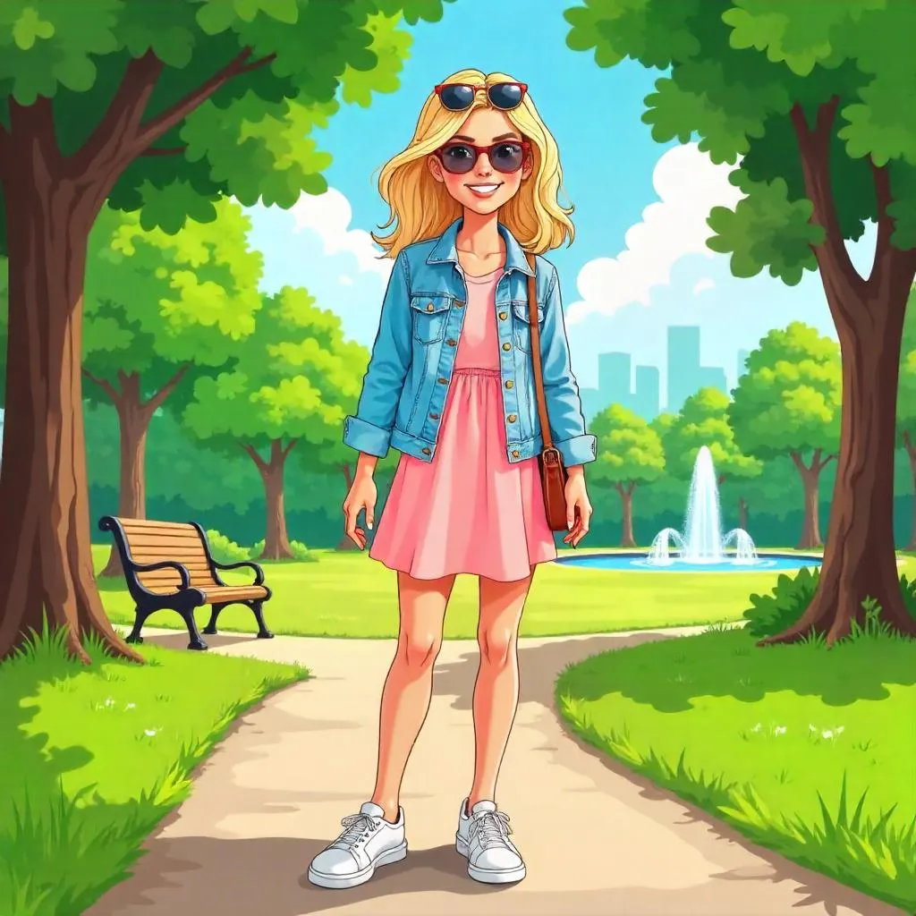 Stylish Cartoon Girl in the Sunny Park