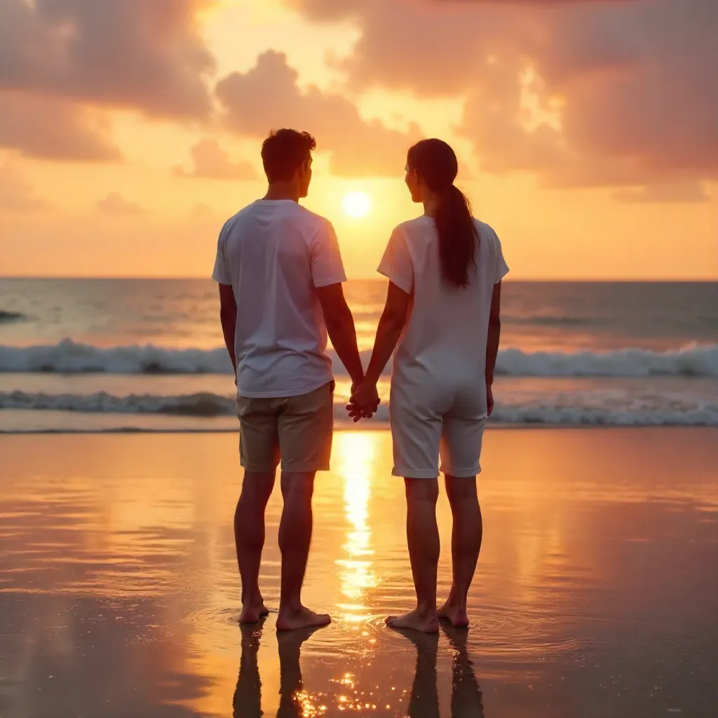 Sunset Hand in Hand by the Ocean