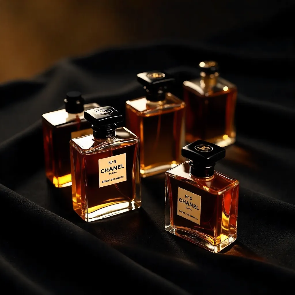 Luxurious Chanel Perfume Bottles in Golden Glow