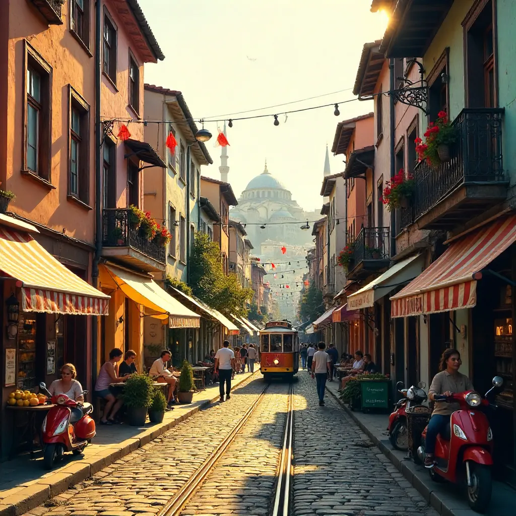 Pastel Facades on a Lively Istanbul Street