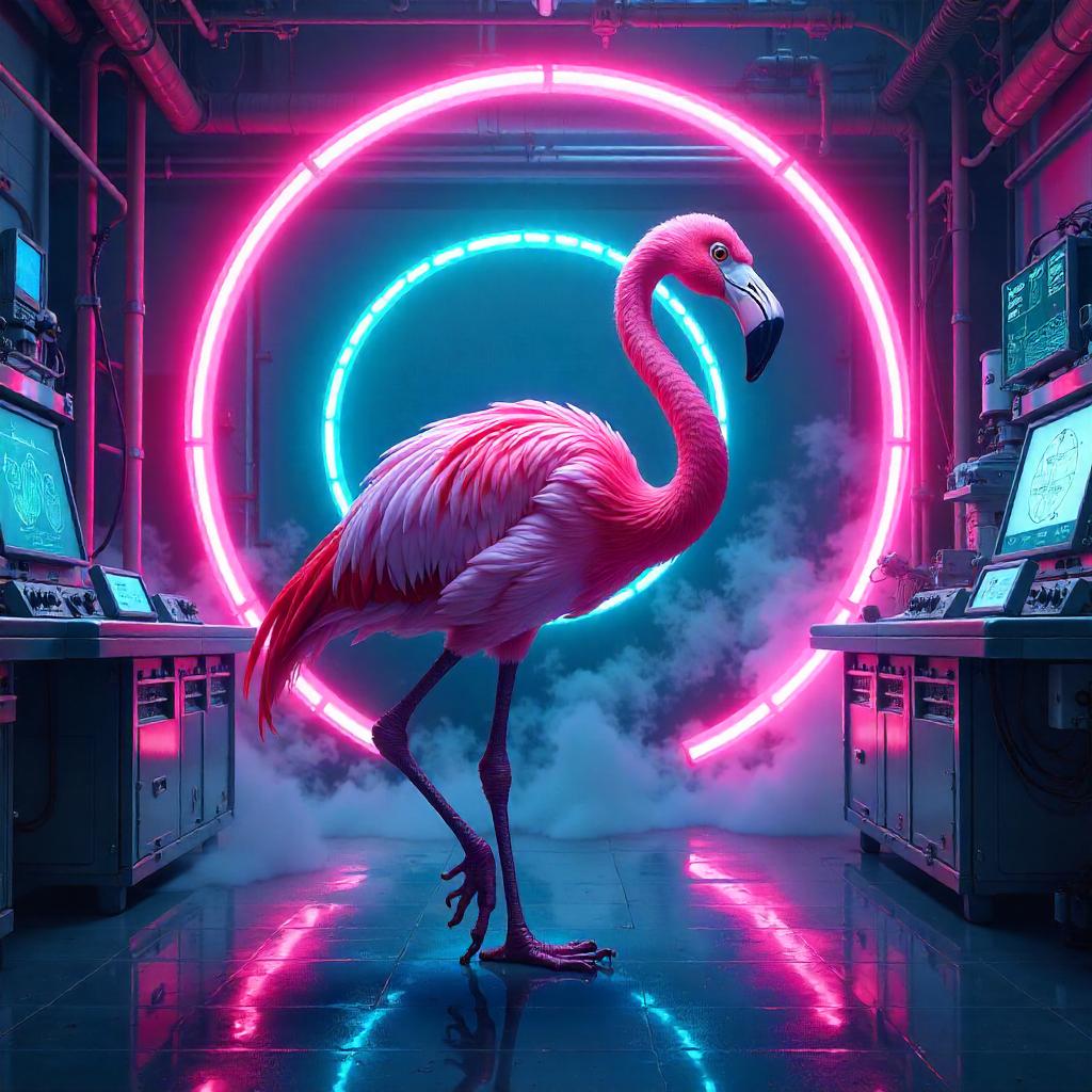 Anime Flamingo in a Neon Portal Lab