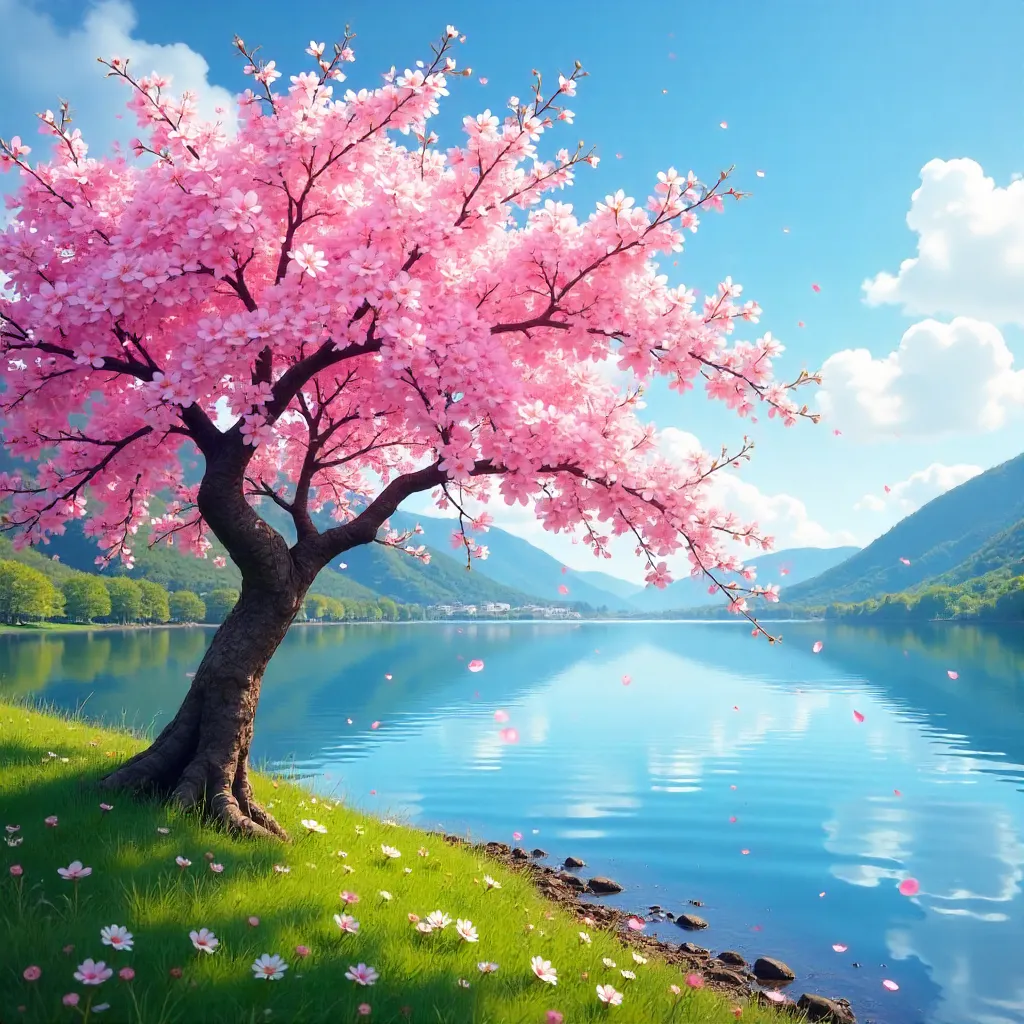 Cherry Blossom Lakefront in Spring Under Clear Sky