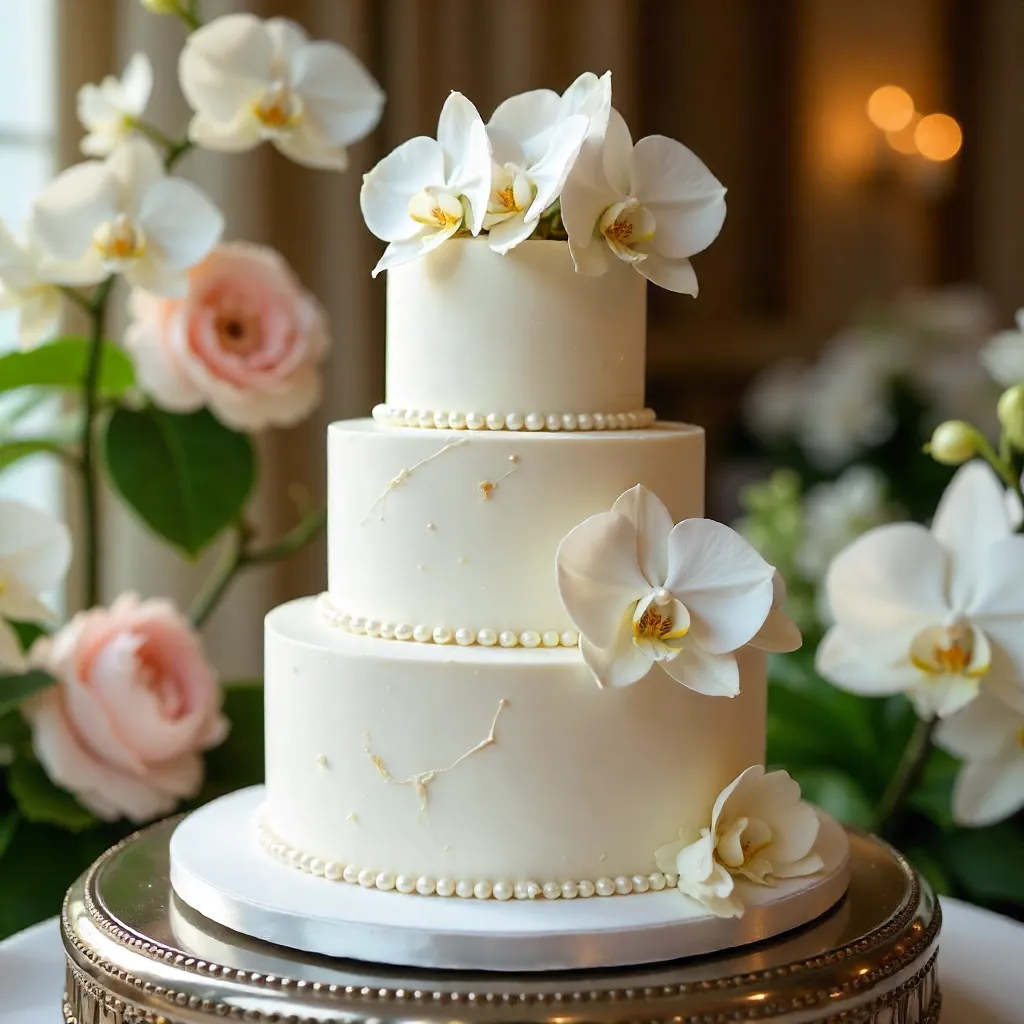 Elegant White Orchid Wedding Cake with Floral Backdrop