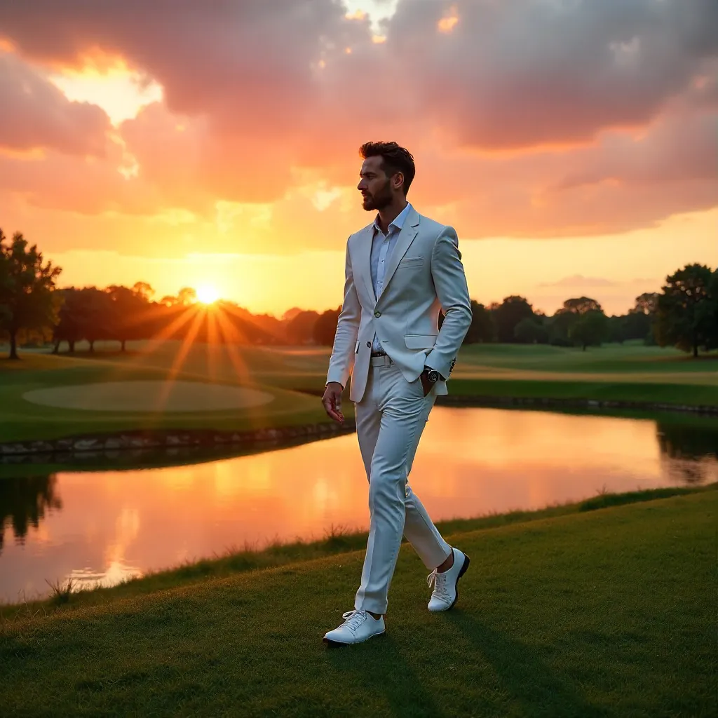 Stylish Man in White Jacket at Sunset Golf Course
