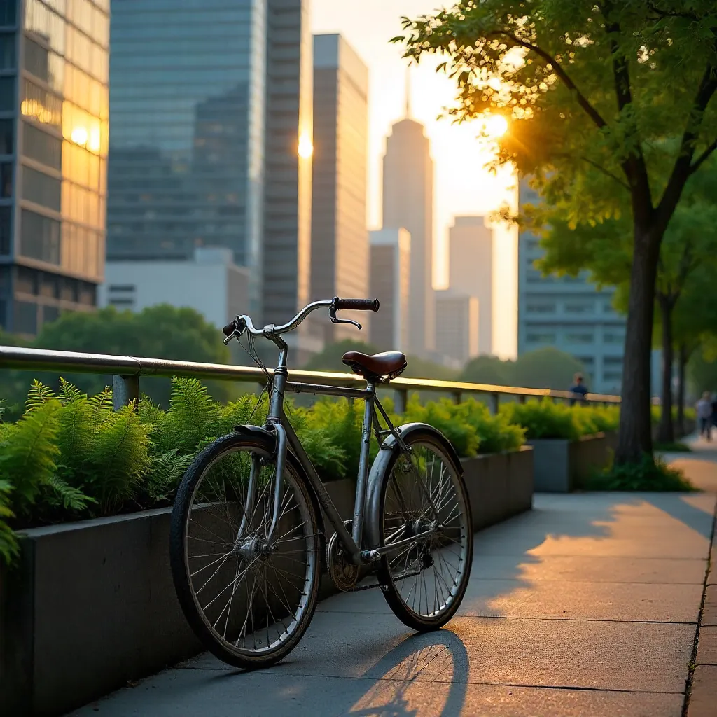 Solitary Bicycle Amid Urban Greenery and Skyscrapers