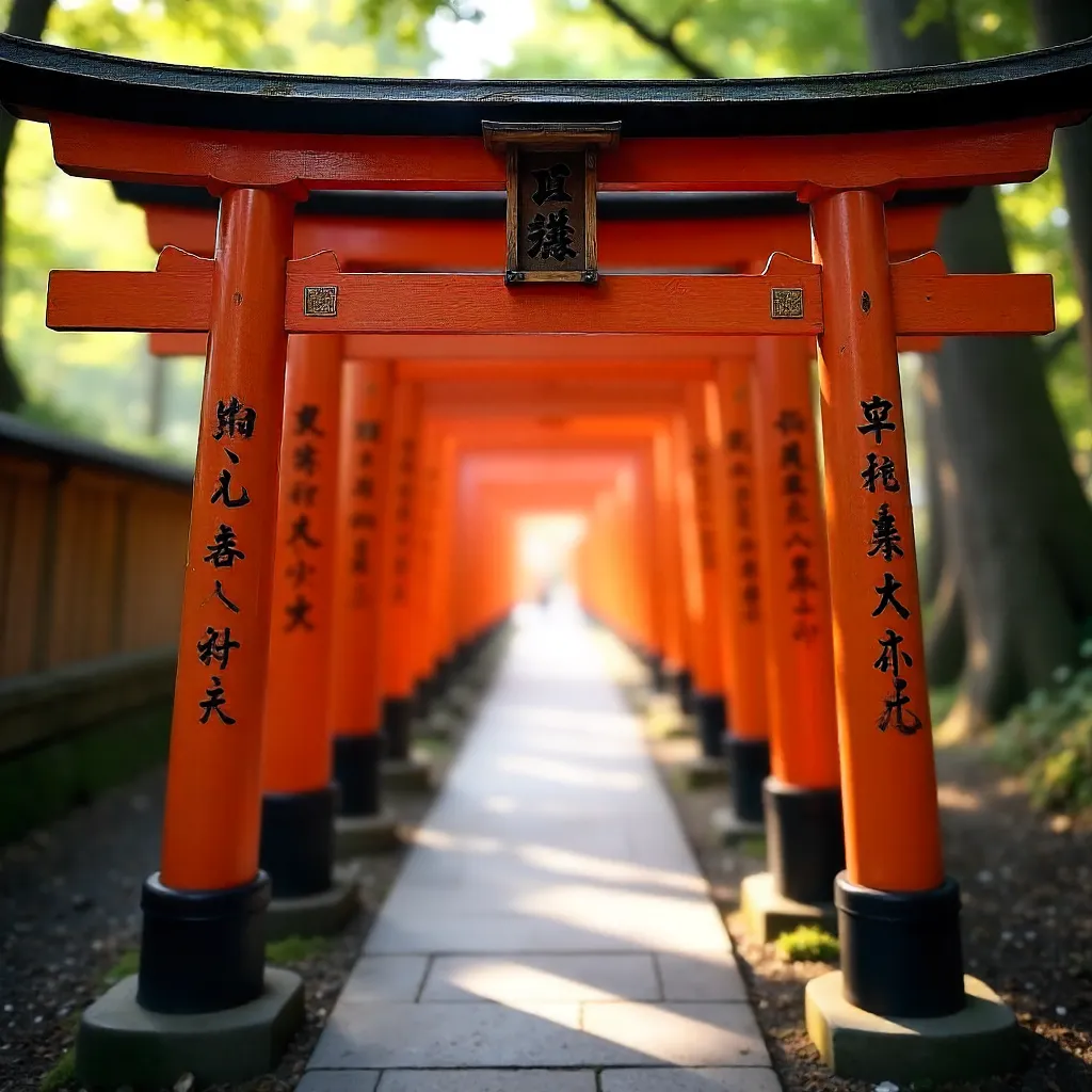 Close-Up of Kyoto's Vermilion Torii with Calligraphy