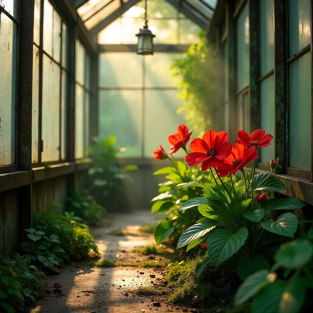 Crimson Blooms in a Weathered Glass Greenhouse