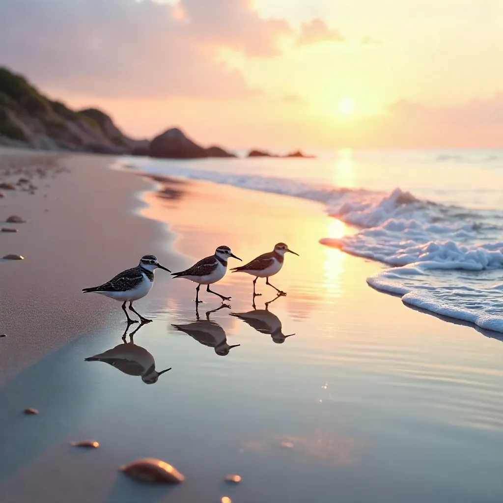 Reflective Beach Sandpipers at Sunrise