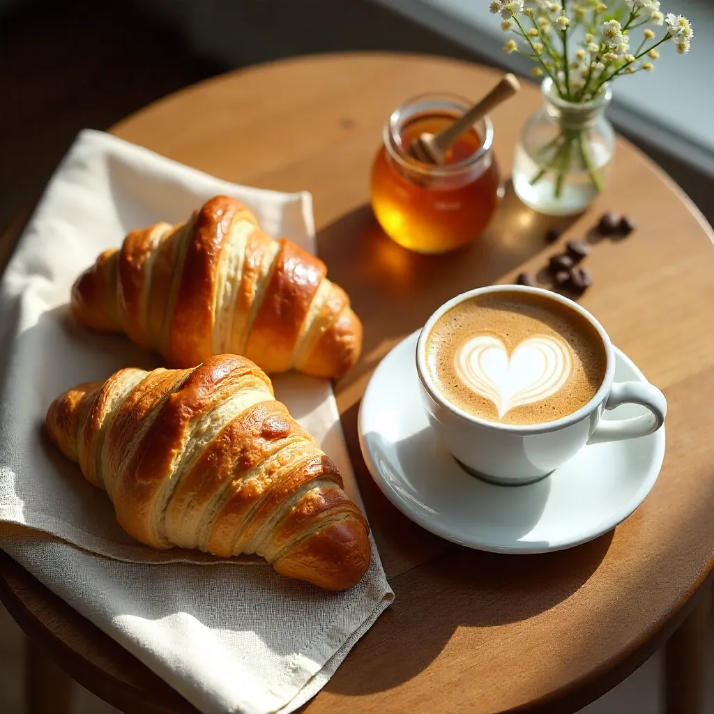 Overhead Breakfast: Croissants and Coffee in Style