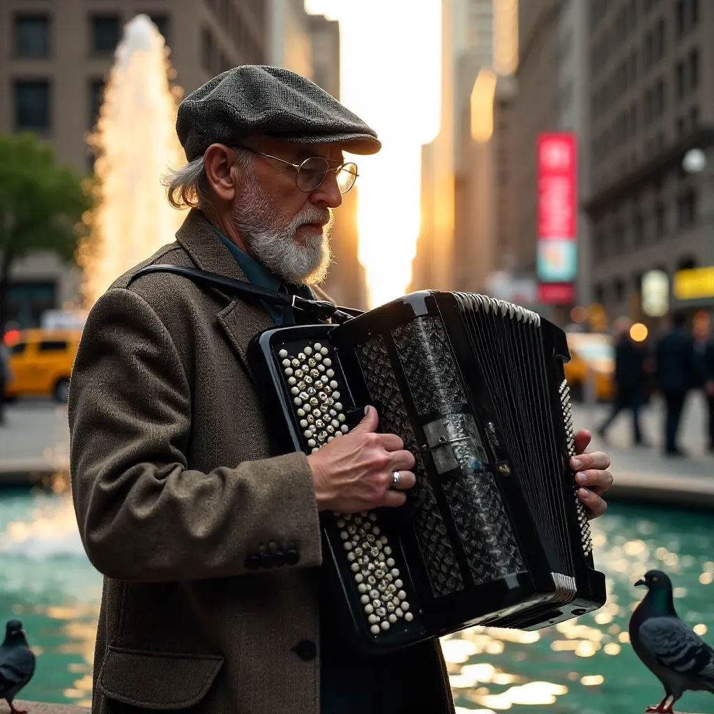 Accordion Serenade by a NYC Fountain at Dusk