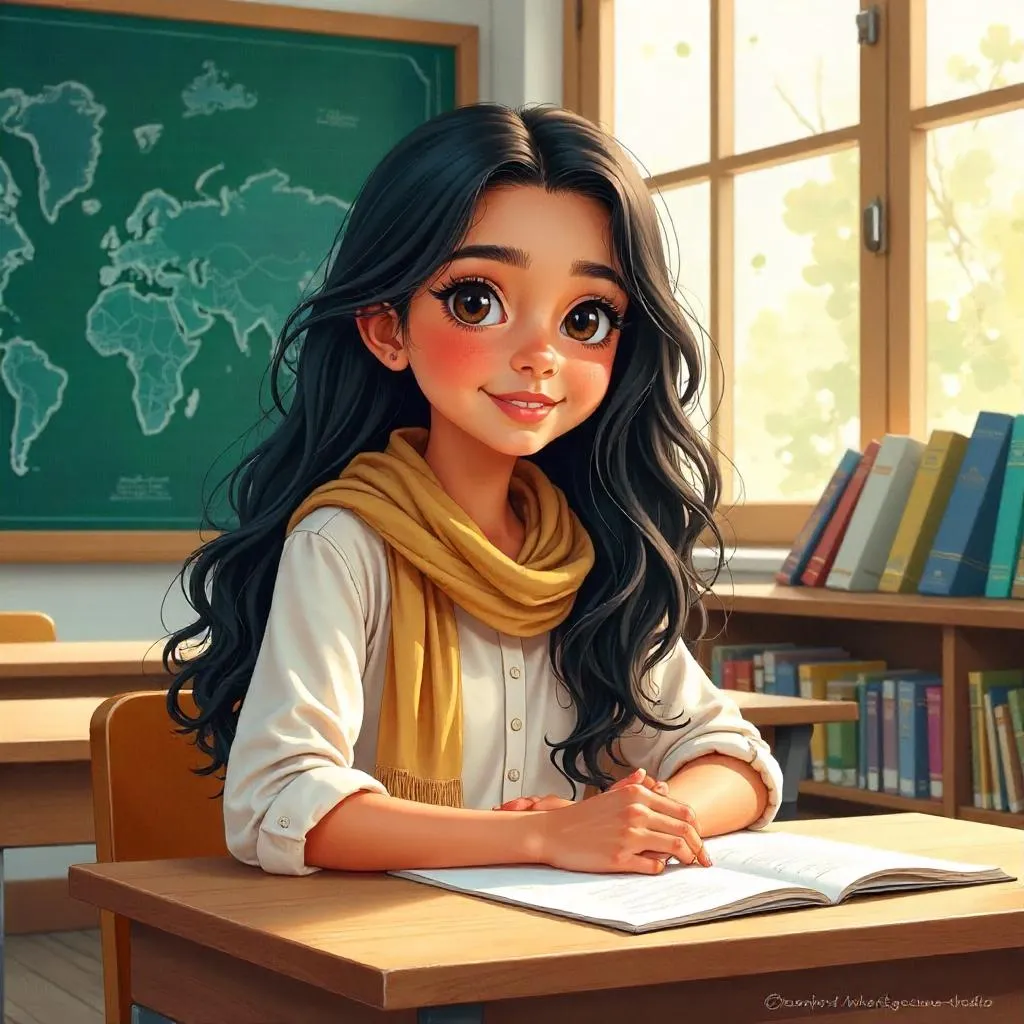 Watercolor Portrait of a Middle Eastern Student in Class