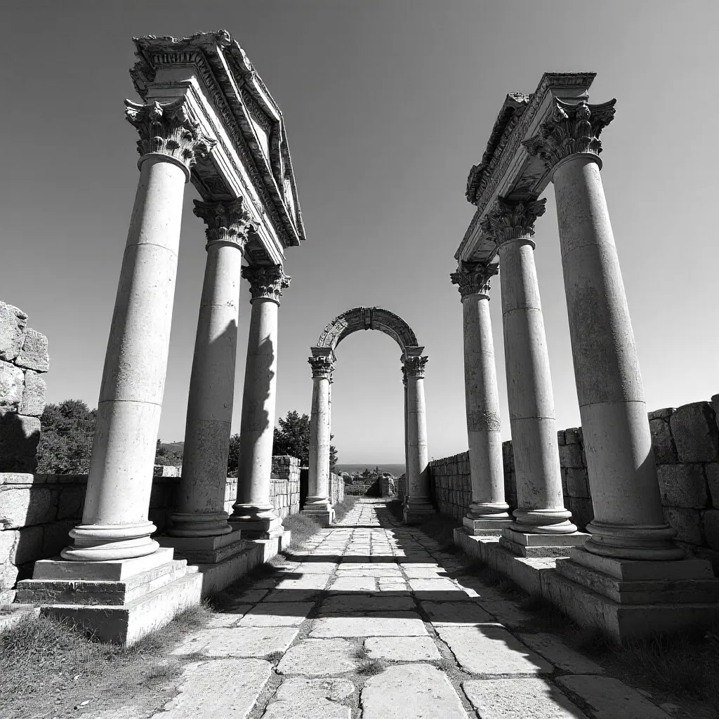 Monochrome Roman Ruins: Detailed Columns under a Clear Sky