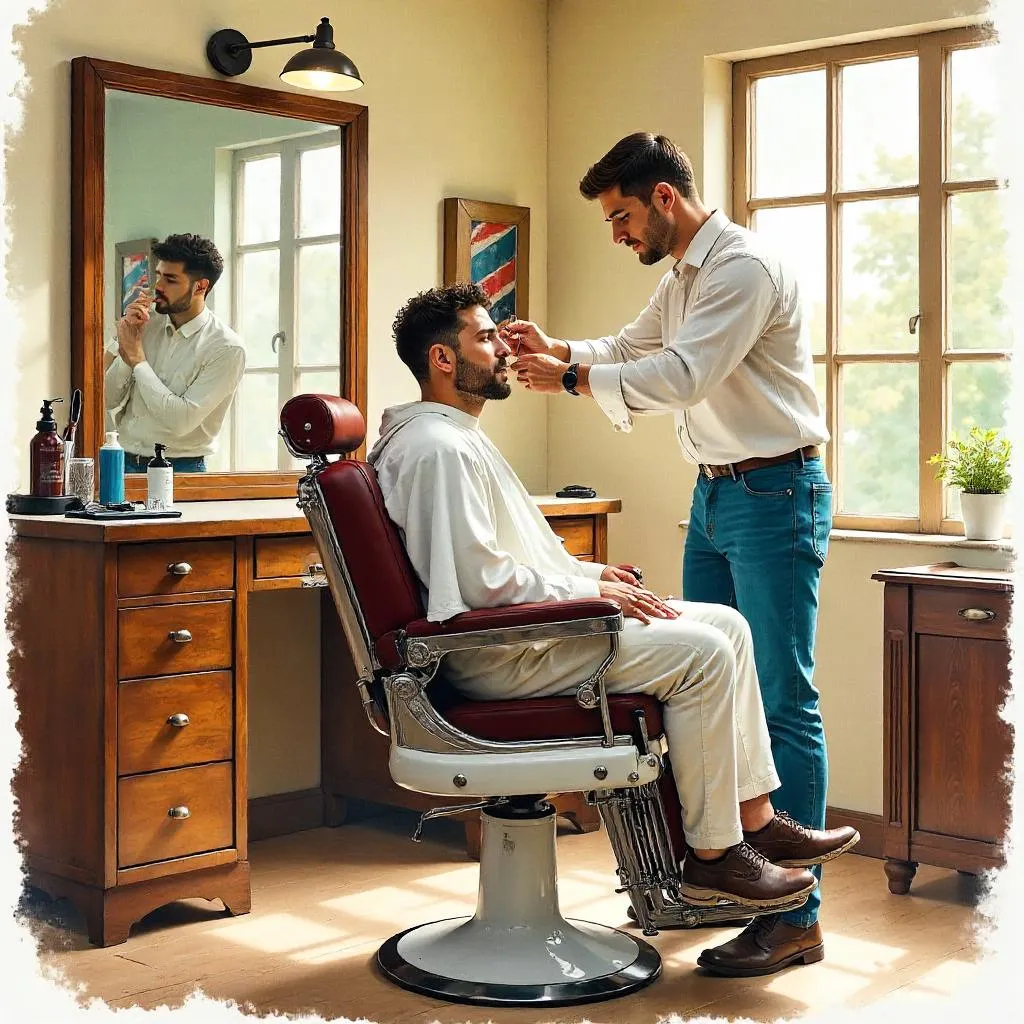 Athletic White Man in a Watercolor Barber Shop