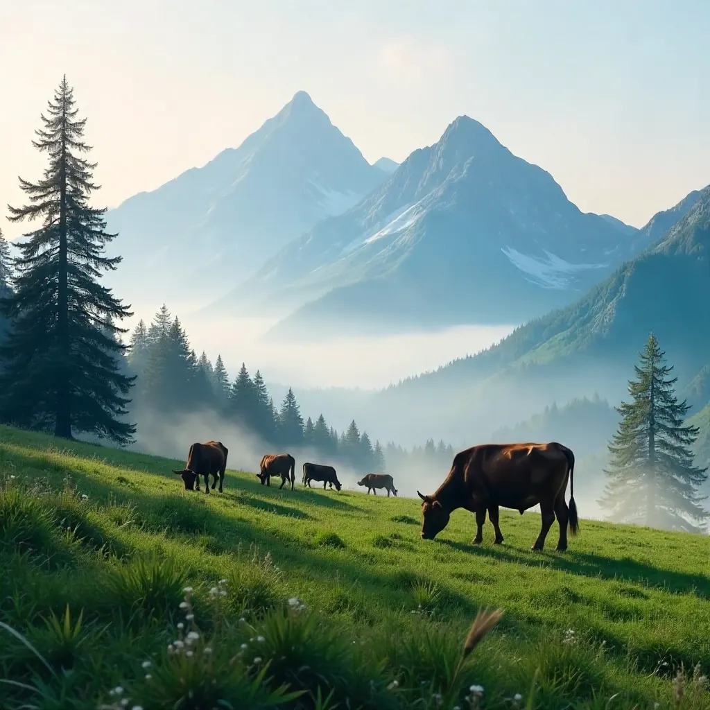 Serene Mountain Meadow with Cows in Fog