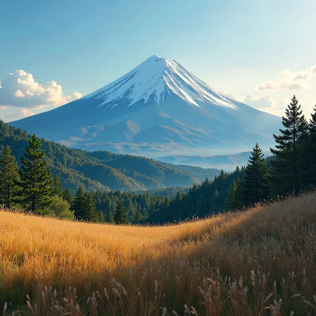 Snow-Capped Mount Fuji Over Foreground Meadow and Pines