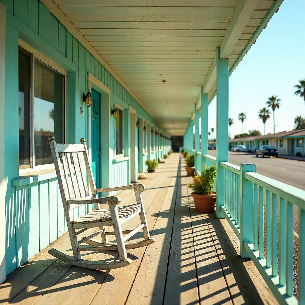 Sunny Motel Porch with Lone Rocking Chair