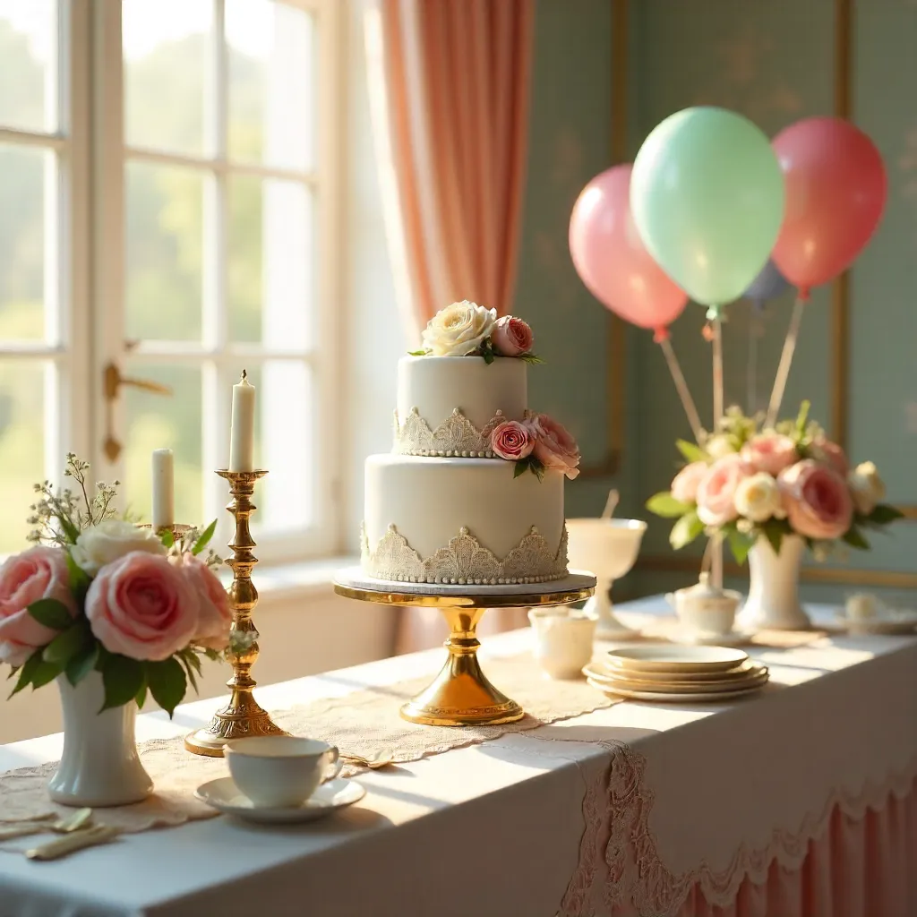 Pastel Vintage Party Setup: Cake, Balloons & Florals