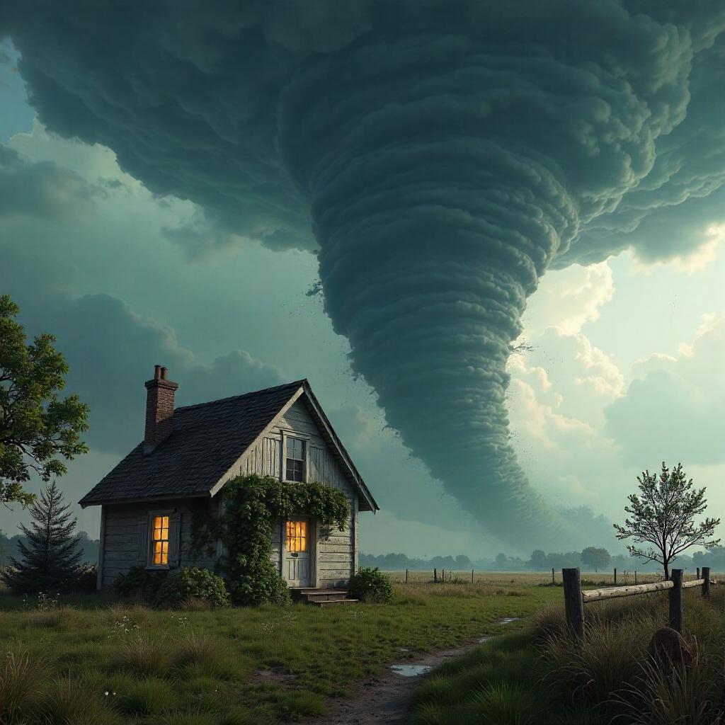 Cottage 3D Render Besieged by a Tornado