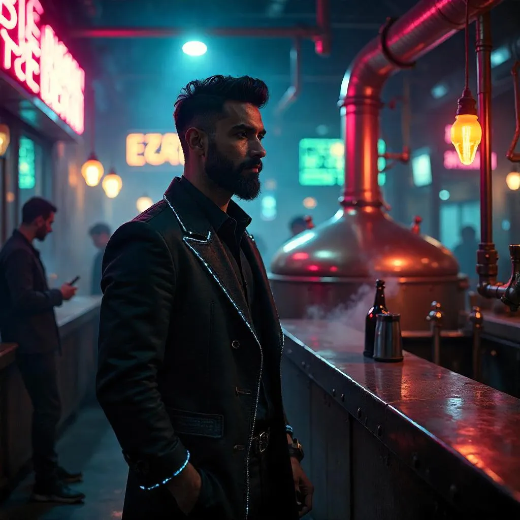 Neon Brew: A Handsome Indian in a Cyberpunk Brewery
