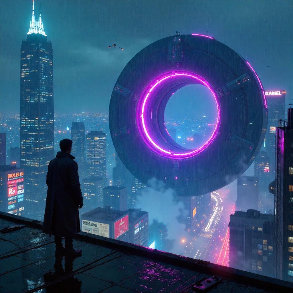 Rooftop Neon Black Hole Cyberpunk