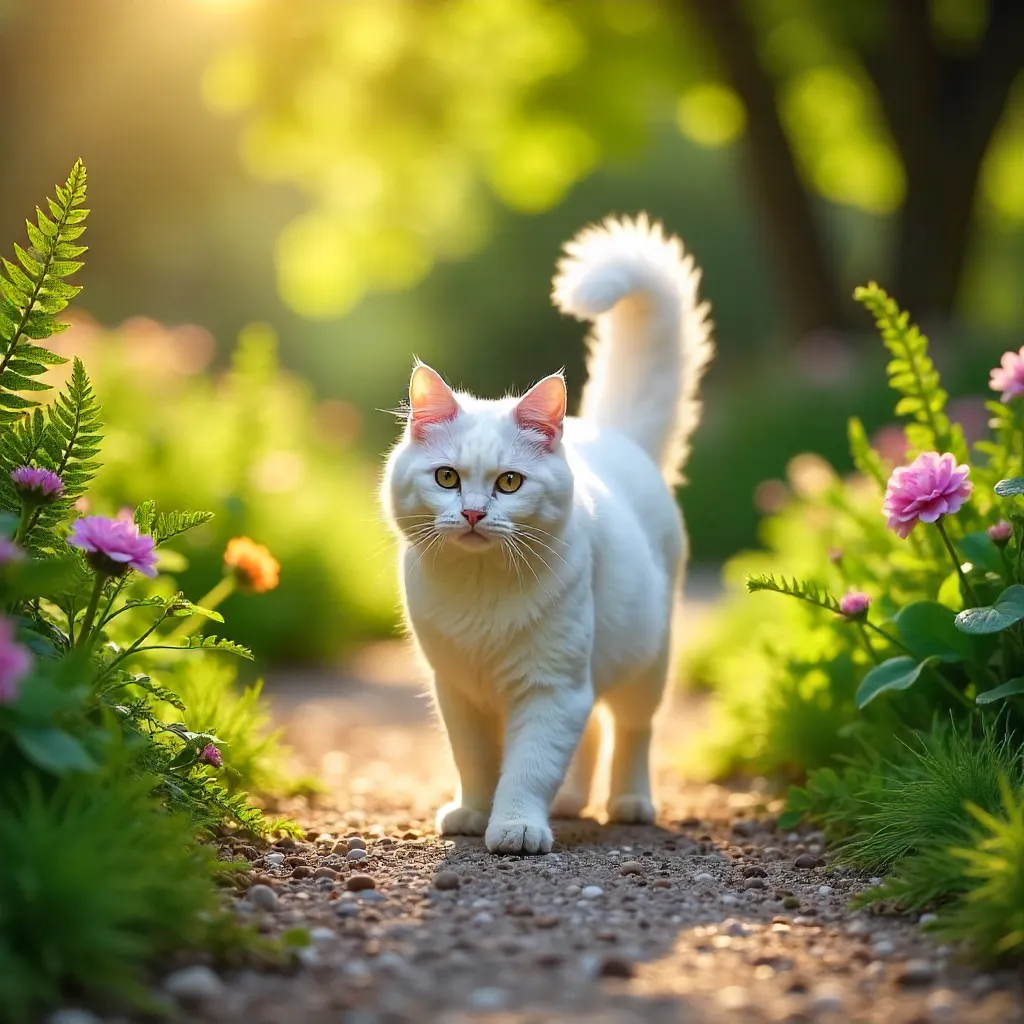 Sunlit Garden Walk: White Cat on Green Path
