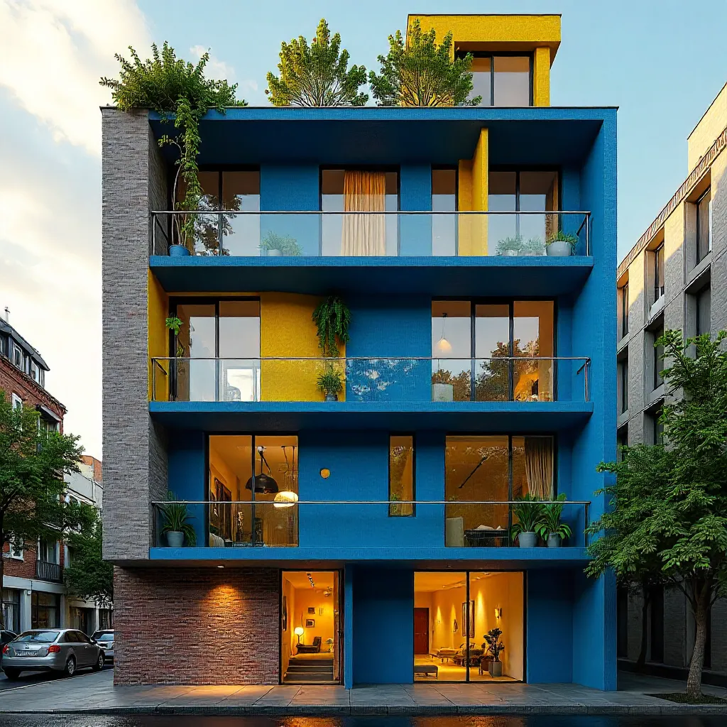 Vibrant Blue and Yellow Urban Facade