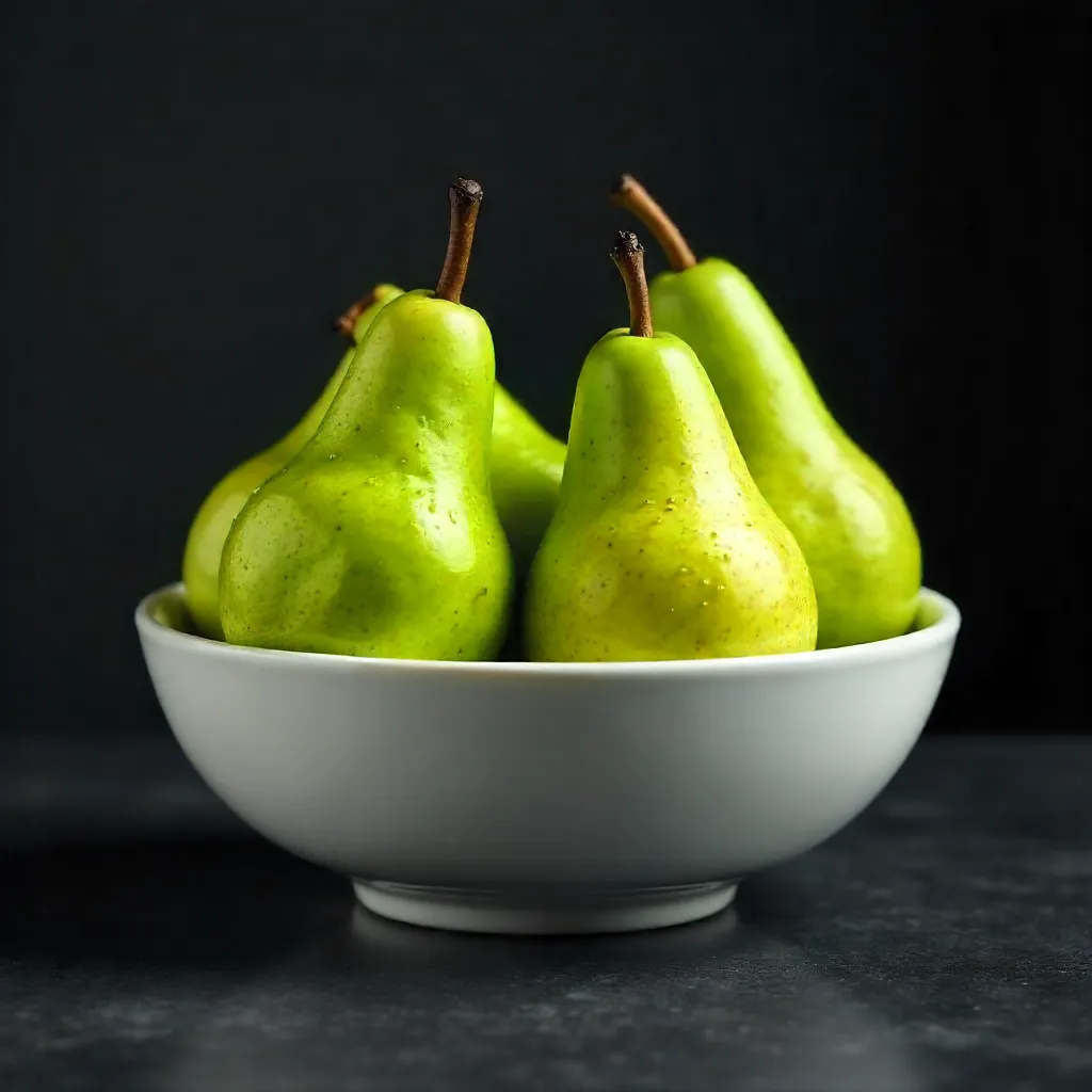 Fresh Green Pears in a Minimalist White Bowl on Dark Surface