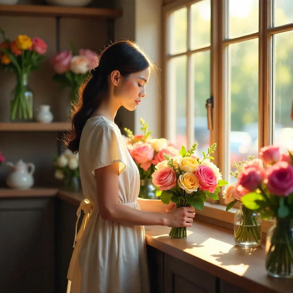 Photorealistic Portrait of a Young Woman in a Flower Shop