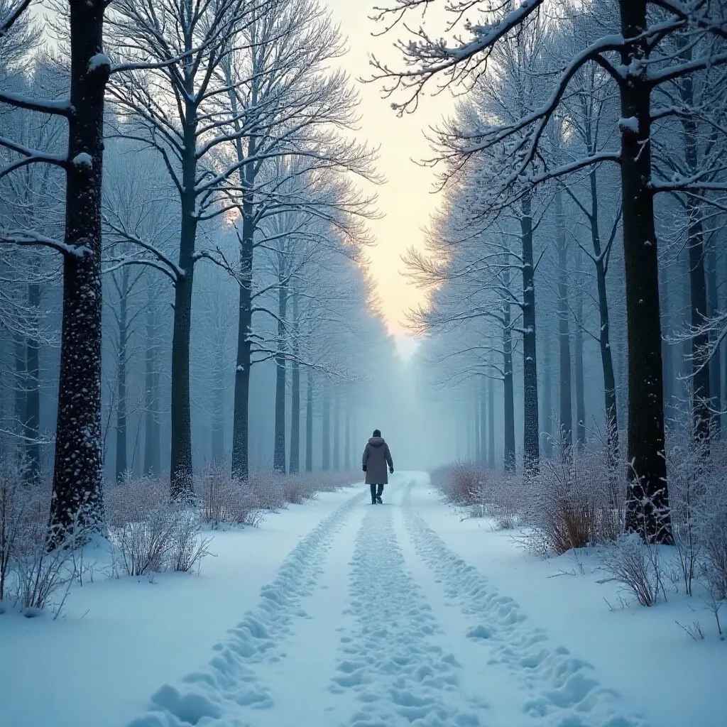 Serene Snowy Forest Path with Distant Figure