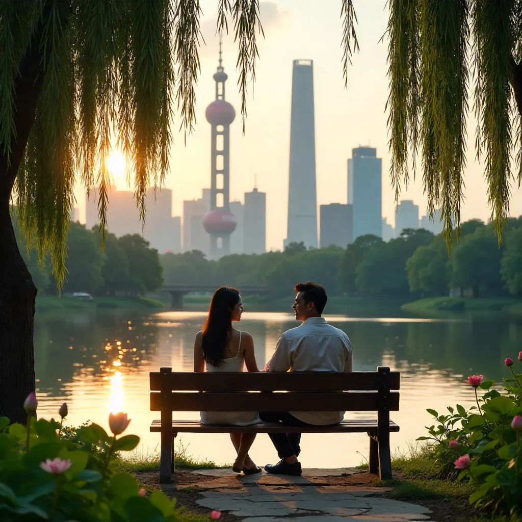 Serene Shanghai Park Couple with Modern Skyline
