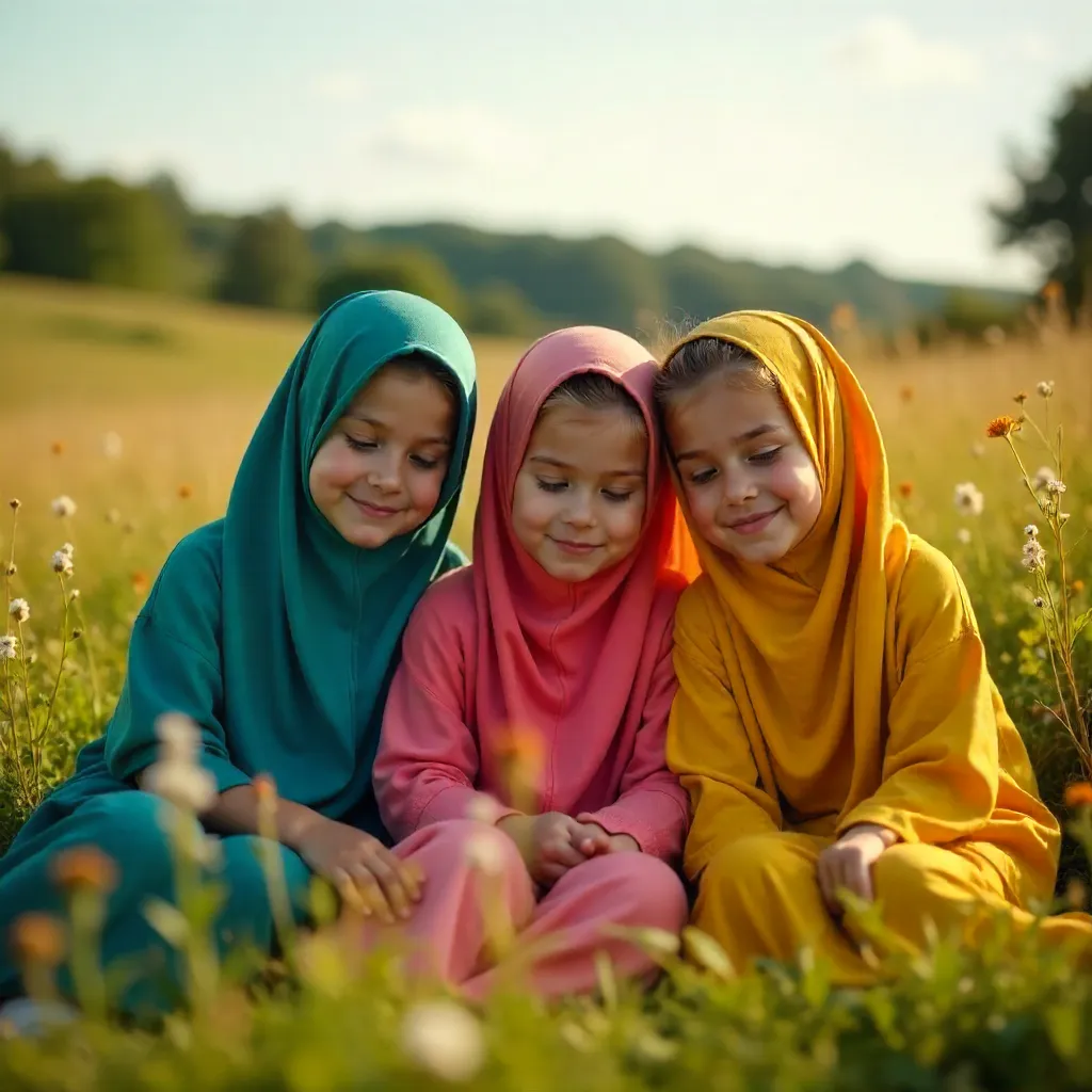 Serene Outdoor Portrait of Three Girls in Colorful Hijabs