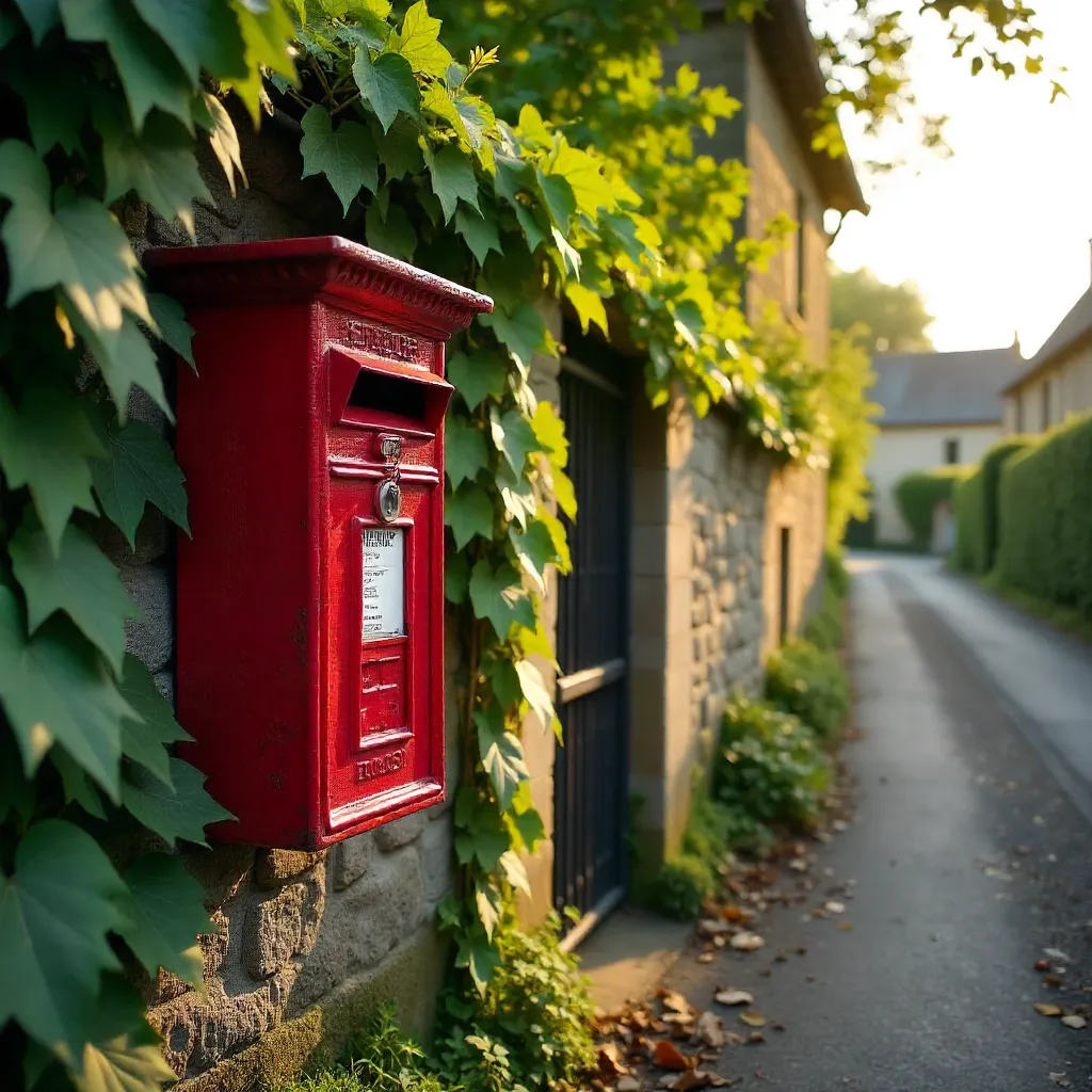 Red Post Box on Ivy-Covered Brittany Wall