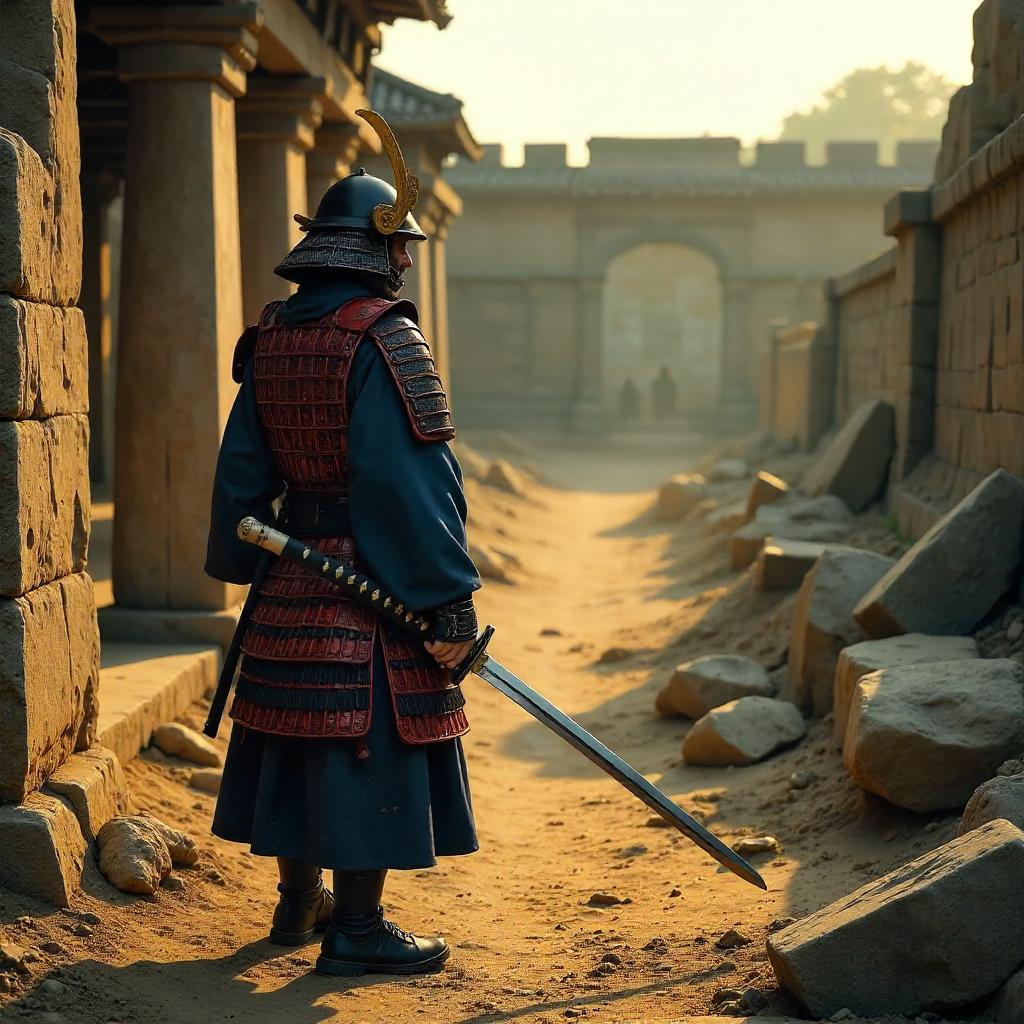 Photorealistic Samurai among Ancient Ruins