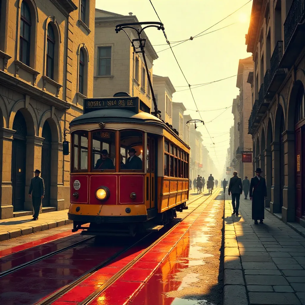 Vintage Streetcar on a Red Track in a Historic City