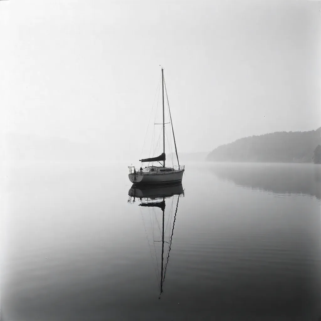 Symmetrical Black-and-White Boat Reflection