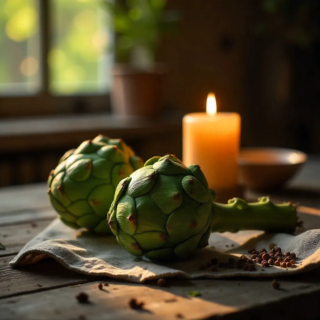 Golden Hour Rustic Table with Artichokes and Candle