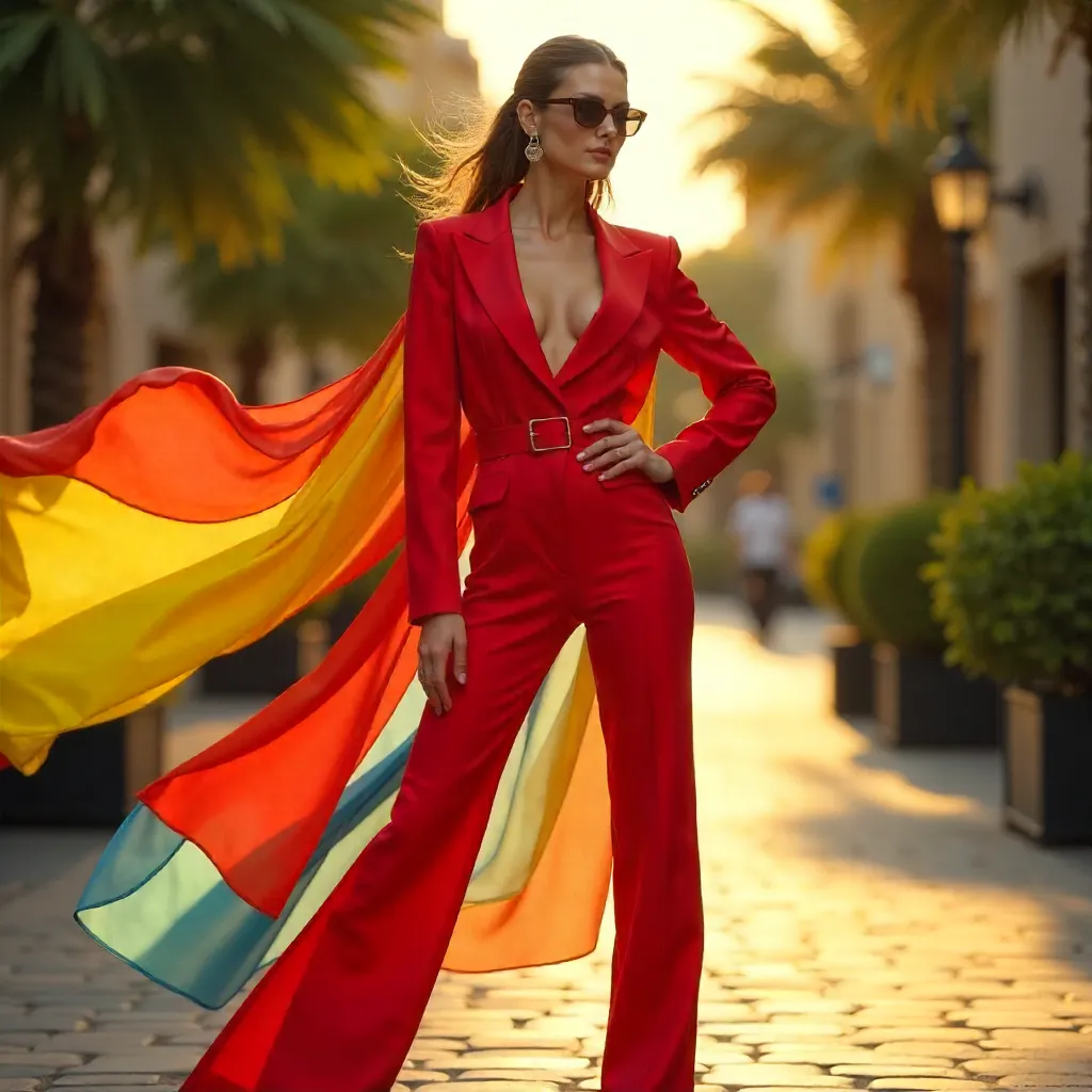 Bold Red Fashion Outdoors with Colorful Fabric