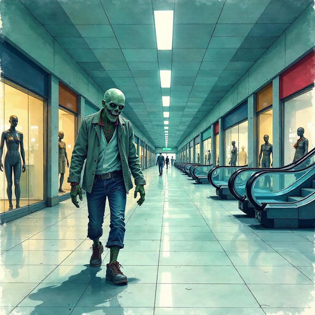 Watercolor Zombie in a Deserted Shopping Mall