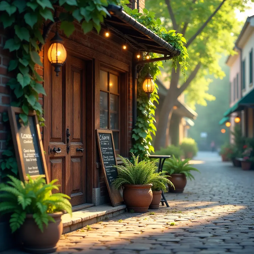 Cozy Cafe Entrance with Lush Plants and Rustic Menu Board