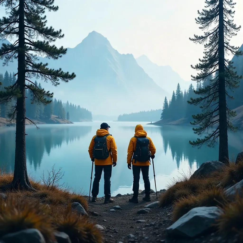 Two Hikers in Yellow Jackets by a Foggy Mountain Lake