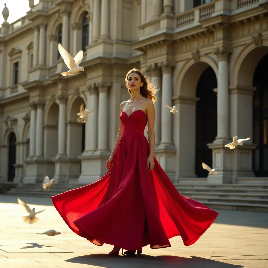 Graceful Woman in Red Among Pigeons Before Ornate Facade