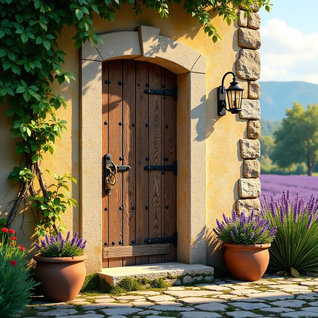 Charming Provençal Rustic Wooden Door in Stone