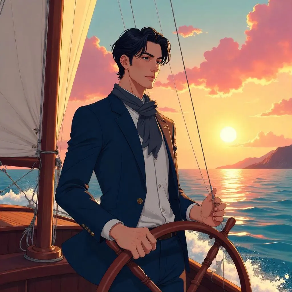 Elegant Asian Man at the Helm — Anime Boat Scene