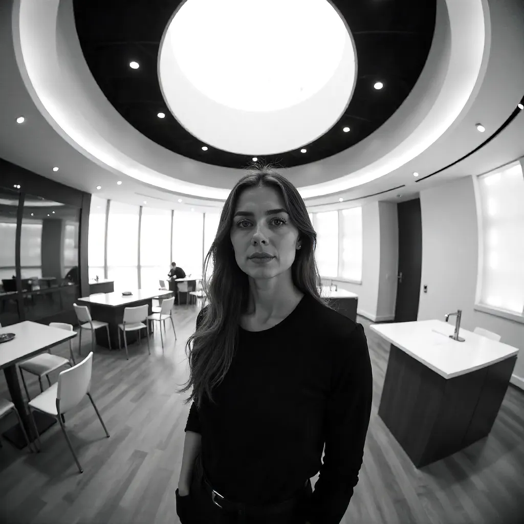 Fisheye Portrait of an Adult Woman in a Bright Modern Interior