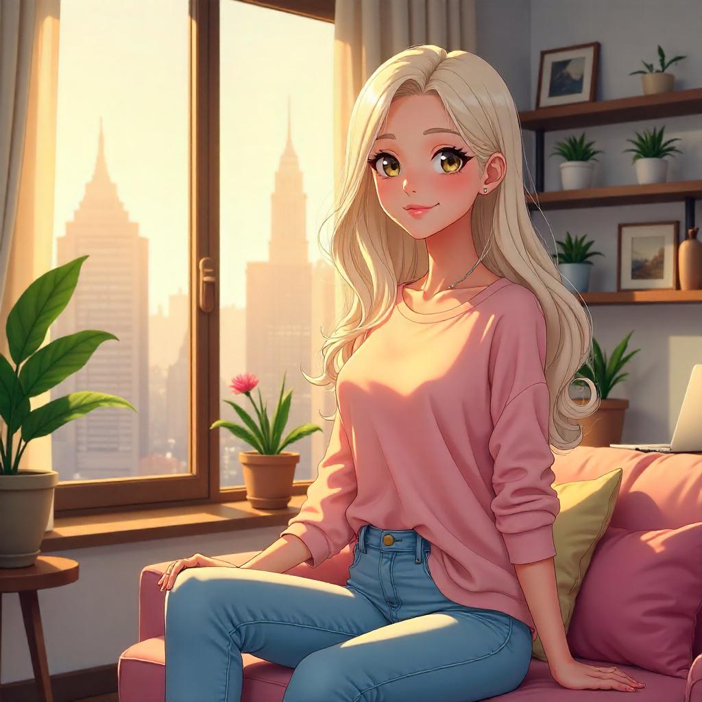 Elegant Anime Woman in a Cozy Modern Apartment