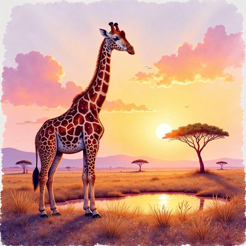Giraffe at Sunset: Watercolor Dream