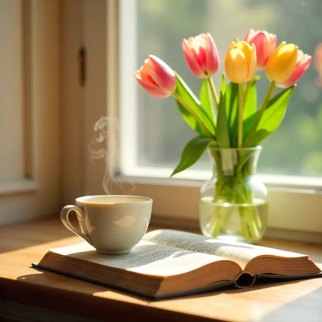 Serene Tea Moment with Tulips and a Book